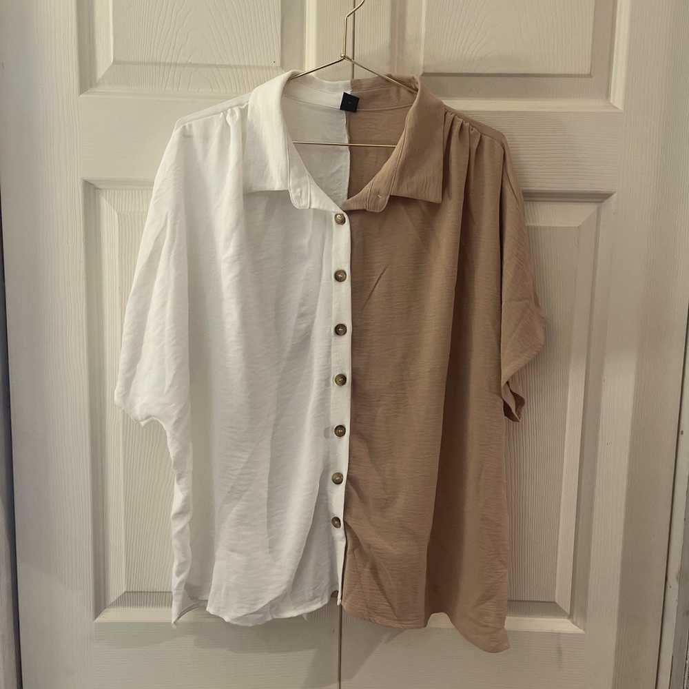 SHEIN Casual White and Tan Button-Down Shirt